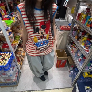 卡通爱心印花条纹无袖背心上衣女