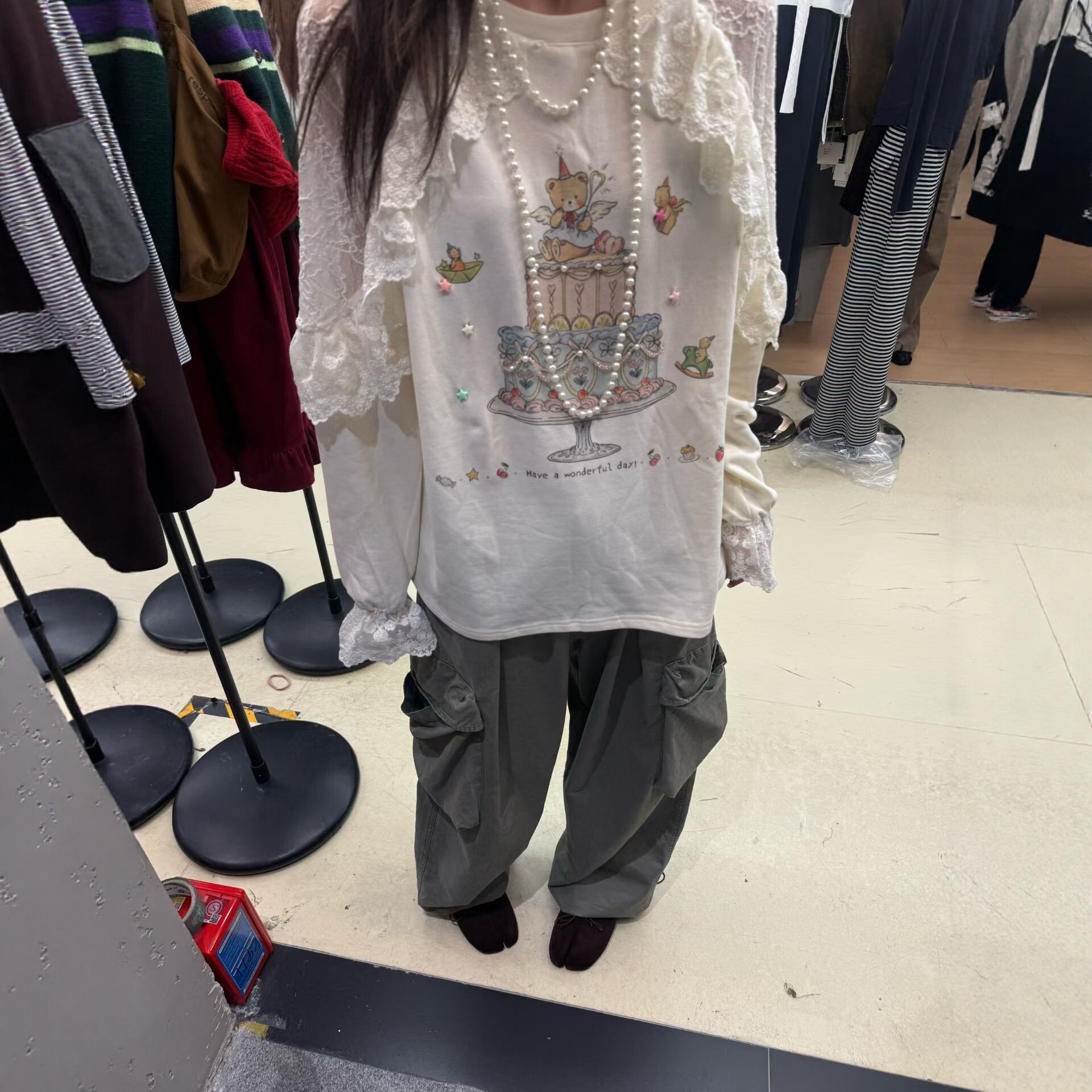 拼接蕾丝荷叶边插肩袖t恤女2026