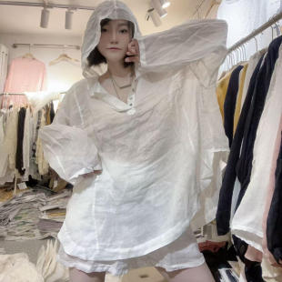 女寬松百搭防曬衫 歐洲站2025夏季 新款 歐貨潮連帽純色苧麻襯衫 上衣
