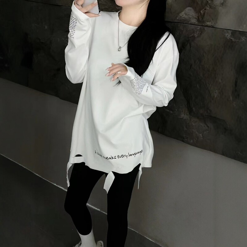 下摆破洞中长款打底衫T恤女