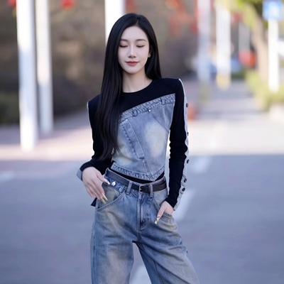 牛仔拼接假两件长袖T恤时尚上衣