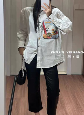 欧洲站2026春季新款卡通风米奇印花长袖衬衫宽松白色潮流口袋上衣