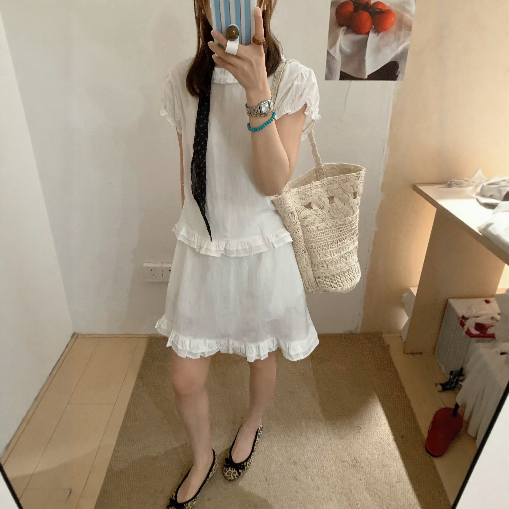 洋气木耳边短袖衬衫半身裙套装女