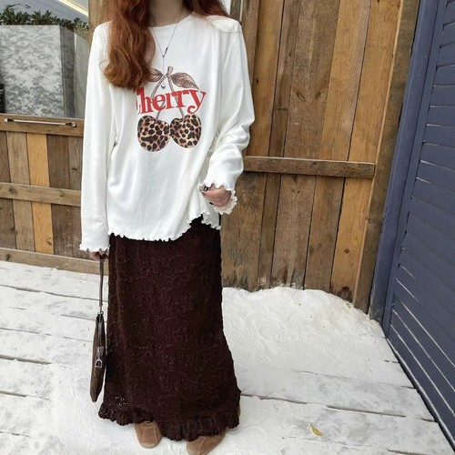 豹纹樱桃印花磨毛木耳边T恤上衣