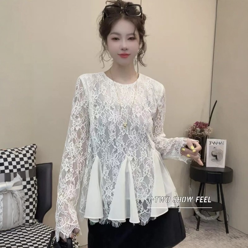 洋气拼接网纱蕾丝衫娃娃衫上衣女