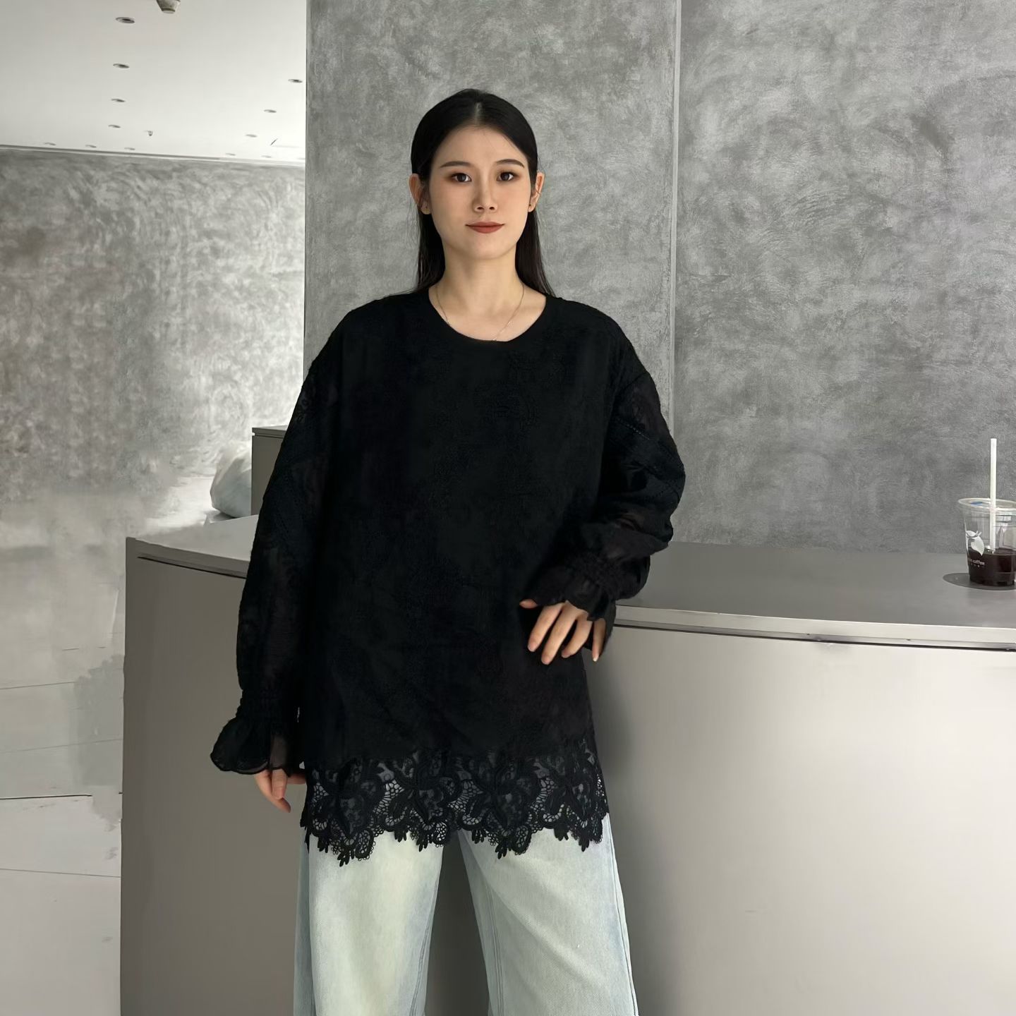 莘秀新中式国风天丝磨毛蕾丝衫女