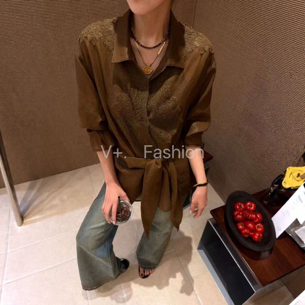 复古刺绣蕾丝衬衫绑带收腰上衣女