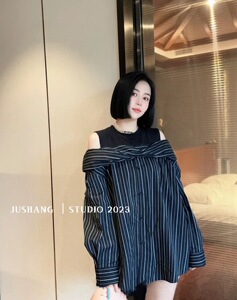 欧洲站2023早秋新款POLO领T恤拼接衬衫露肩假两件蝴蝶结拼接衬衫