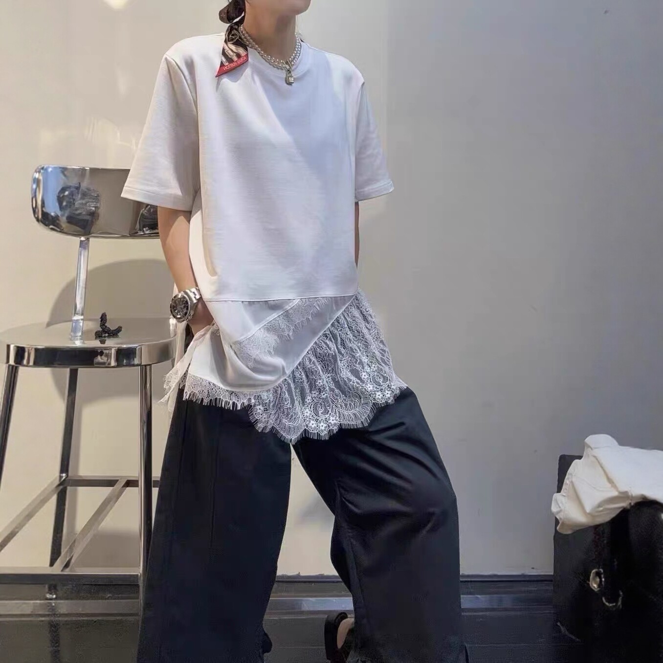 韩系拼接蕾丝不规则下摆圆领短袖t恤女宽松薄款上衣2026春装新款