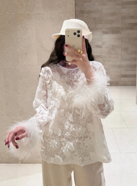 法式大码白色蕾丝衬衫女秋冬2025新款镂空钩花衬衣拼接羽毛上衣潮