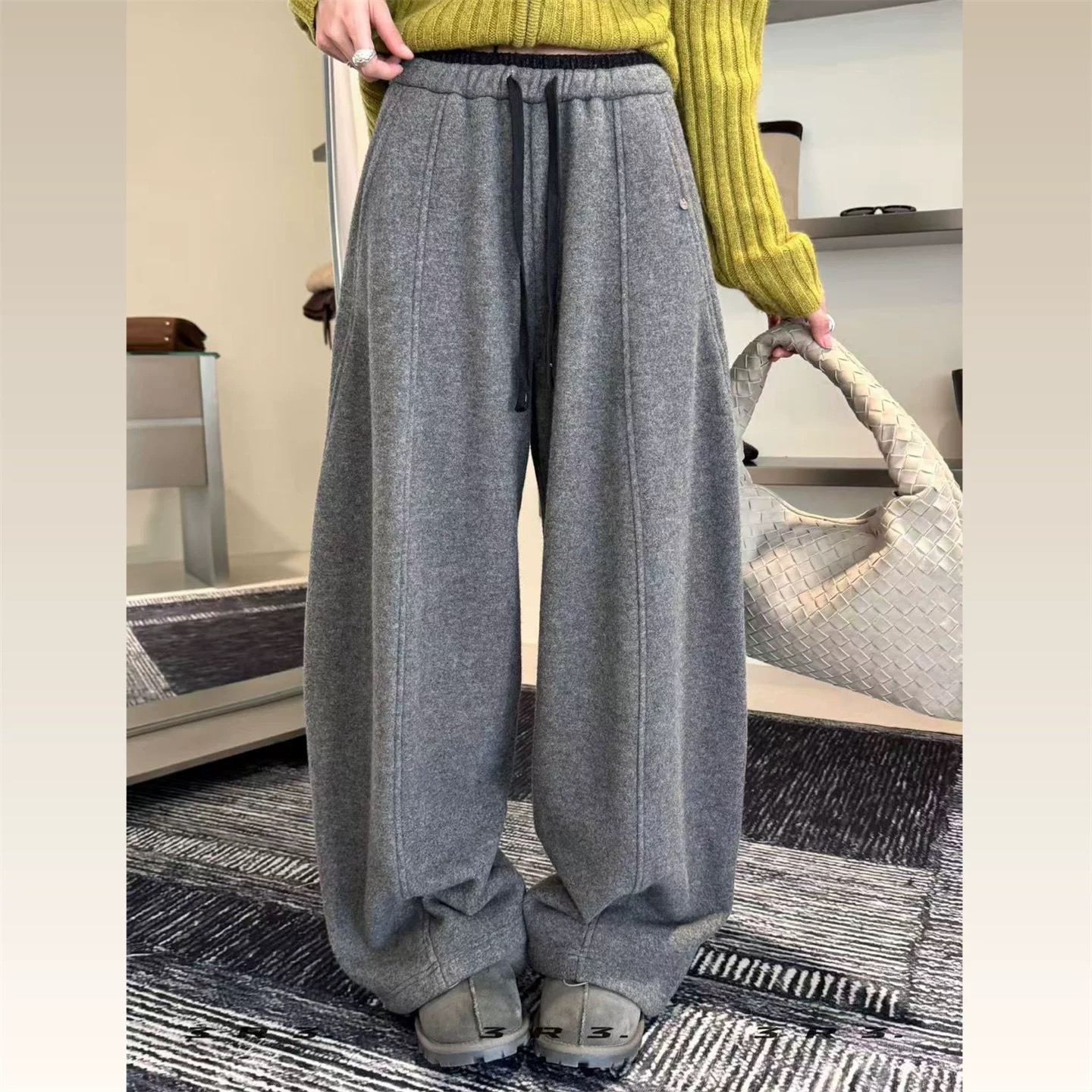 高腰抽绳卫裤宽松毛呢加绒弯刀裤