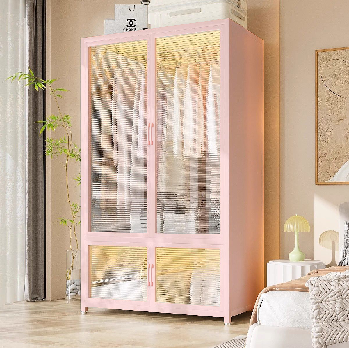 马卡龙粉色衣柜钢制衣柜卧室家用出租房金属组合衣橱衣帽间收纳柜