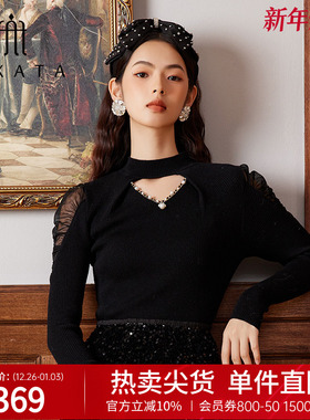 FEXATA斐格思黑色针织衫女2025冬季修身套头小心机镂空复古毛衫
