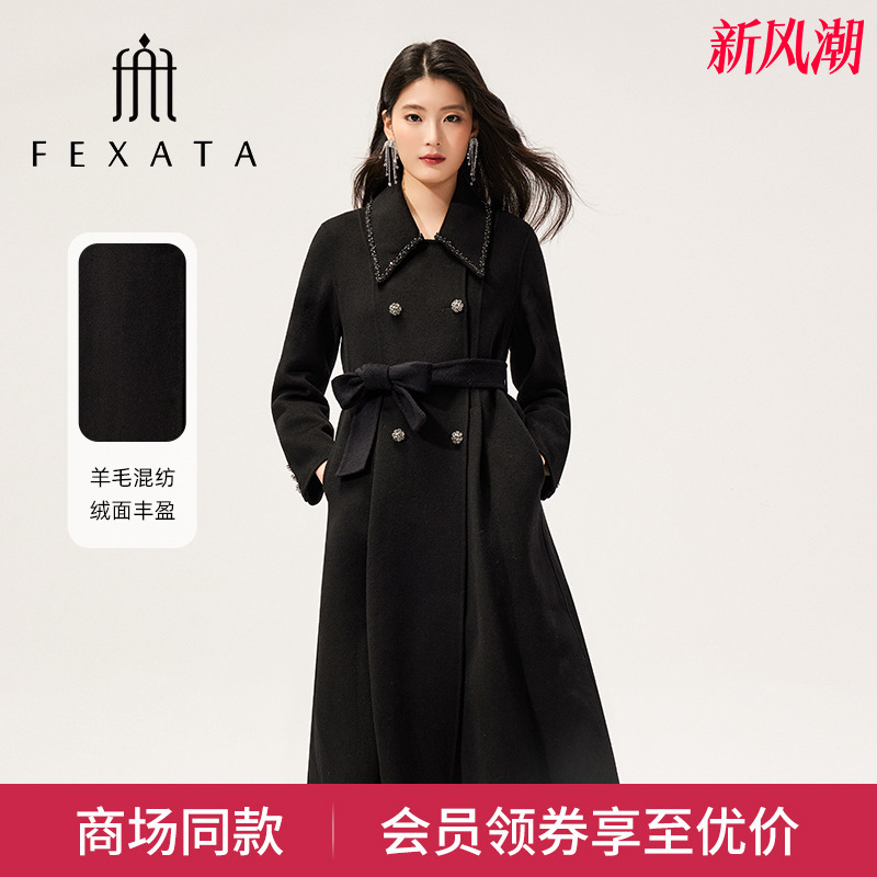 复古双排扣收腰翻领毛呢大衣