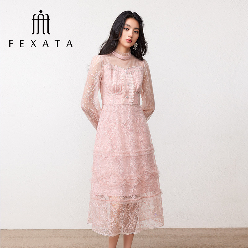 商场同款FEXATA斐格思2026春季新品收腰浪漫仙气柔粉蕾丝连衣裙,女装/女士精品,连衣裙,淘宝优惠券,粉丝福利购,淘宝优惠卷