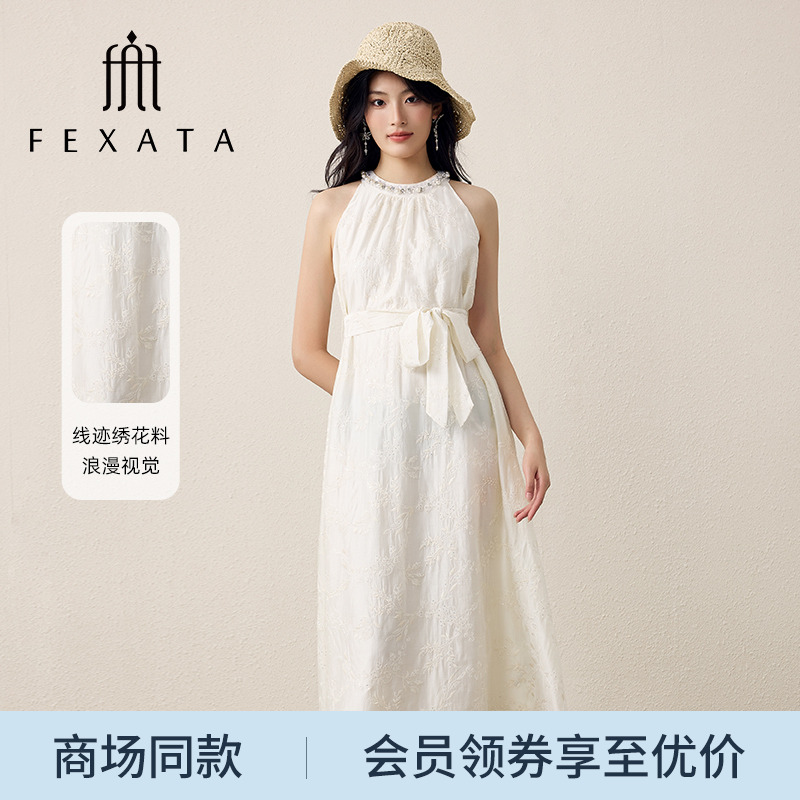 商场同款FEXATA斐格思2025夏新品浪漫度假风设计感挂脖露肩连衣裙