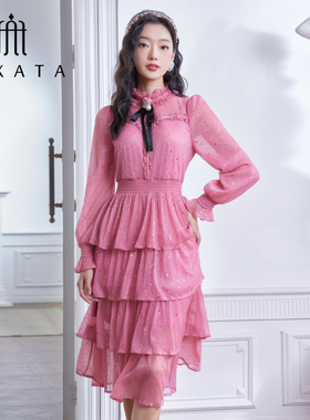 FEXATA斐格思2026春季新品收腰浪漫多巴胺荷叶裙摆亮片蛋糕连衣裙