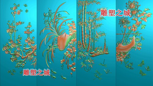 浮雕图 精雕图 灰度图 雕刻图 挂屏 四季花梅兰竹菊昆虫条板
