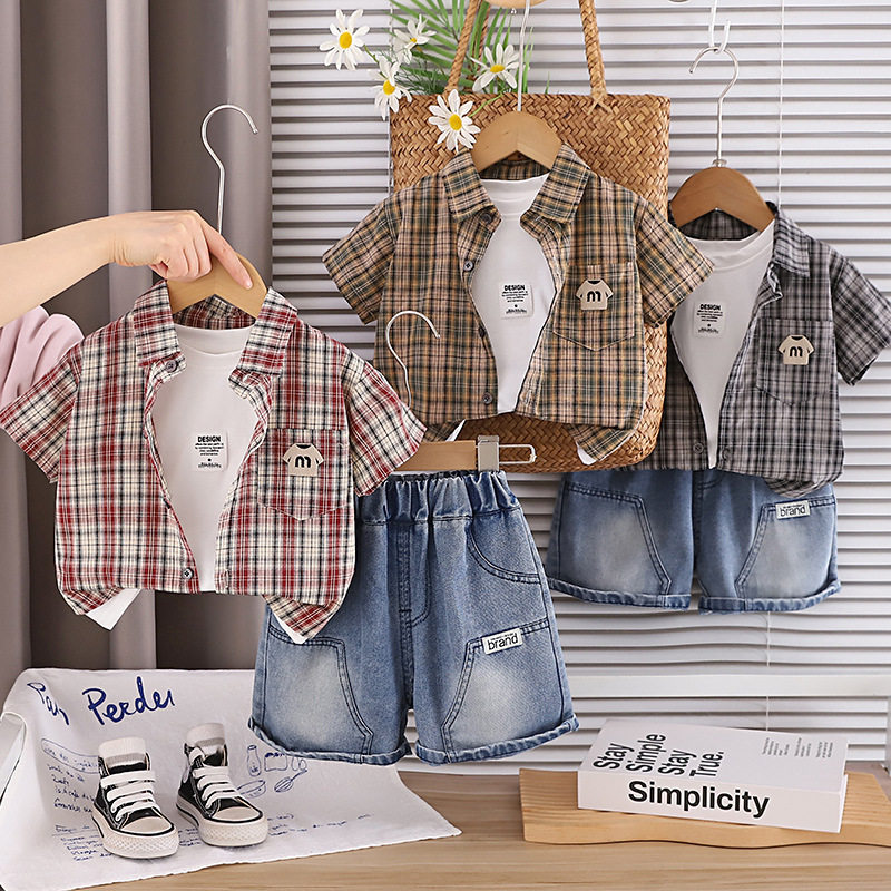 男童夏装套装夏季洋气1岁3小童宝宝夏季格子衬衫短袖裤子三件套潮