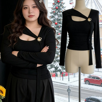 大码纯欲飘带长袖显瘦T恤女