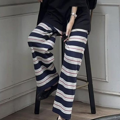 夏季薄款条纹阔腿九分女裤显瘦
