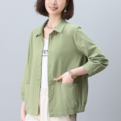 纯棉衬衣女款春秋薄款外套大码宽松减龄洋气中年妈妈翻领衬衫上衣