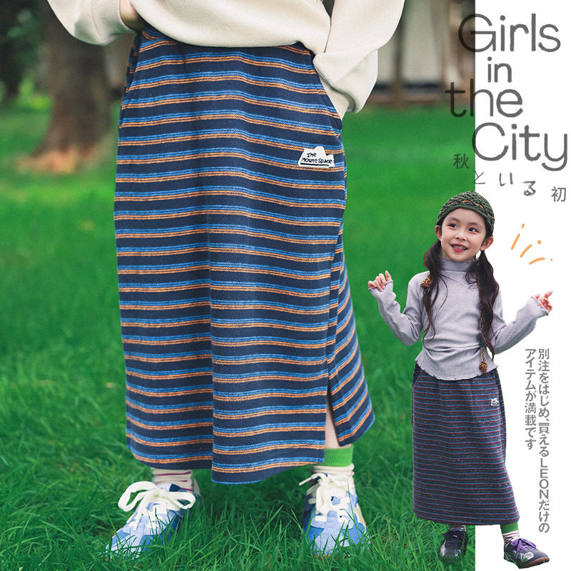 儿童半身裙2026秋季新款百搭女童撞色条纹裙子中小童宽松直筒长裙