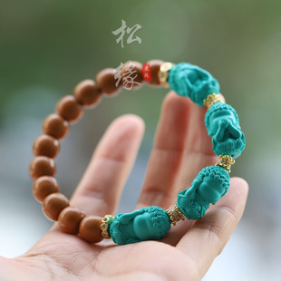 优化绿松石四不佛文玩配饰无相佛雕刻件手串单圈顶珠三不佛小和尚