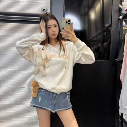 【梵高印象】男女同款早秋新款挂口袋公仔帽衫华夫格卫衣（076）