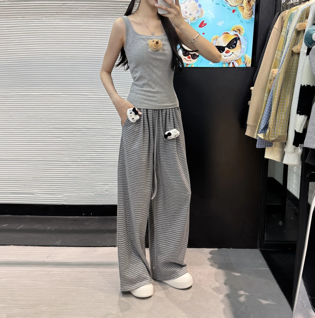 慵懒撞色条纹阔腿裤女