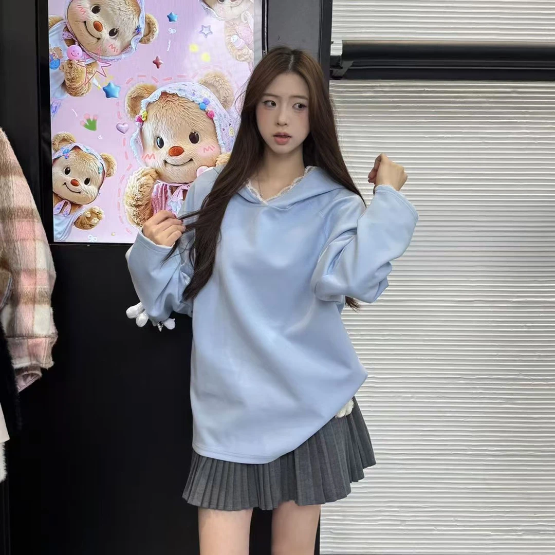 小熊甜美女士连帽拼接蕾丝卫衣