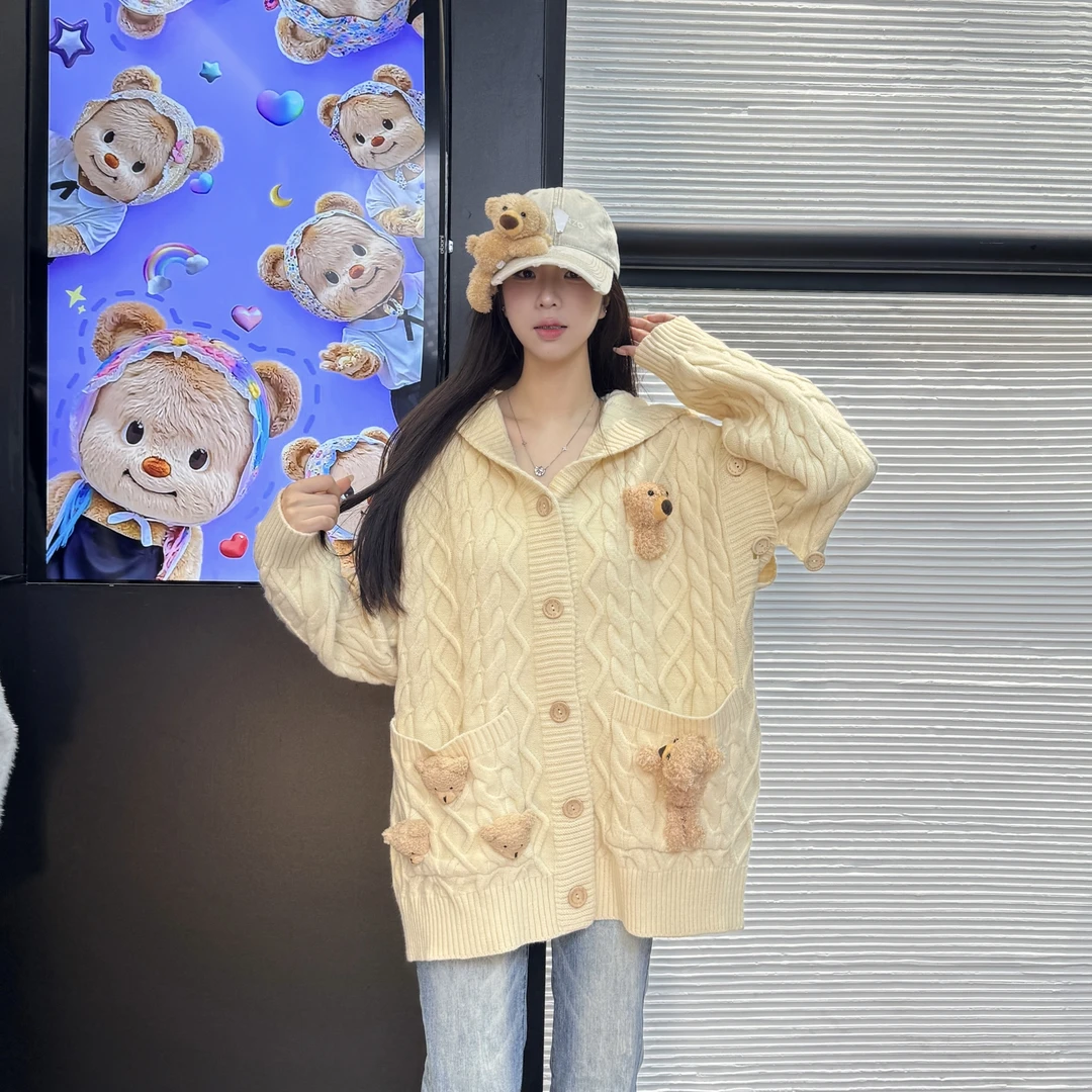 13D小熊E袖子可拆卸两穿休闲连帽宽松秋季针织女毛衣外套(157)