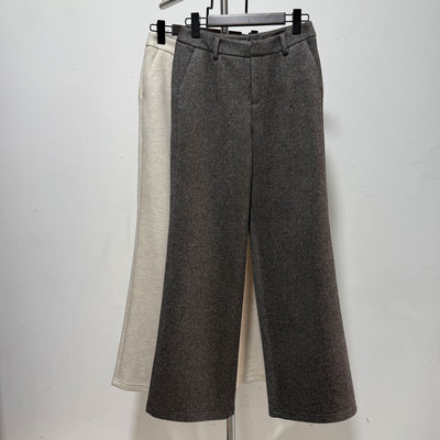 毛呢直筒裤女秋冬新款西装裤加厚窄版桑蚕丝羊毛混纺高腰阔腿裤