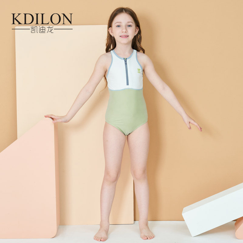 凯迪龙无袖游泳衣女防晒时尚连体三角可爱前身拉链中大儿童泳装