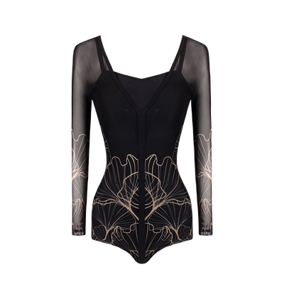 凯迪龙连体长纱袖游泳衣女防晒性感印花黑色保守遮肚显瘦三角泳装