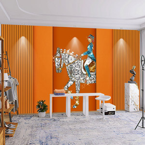 3D立体爱马仕橙墙纸服装店直播间背景墙布高级感美容院棋牌室壁纸