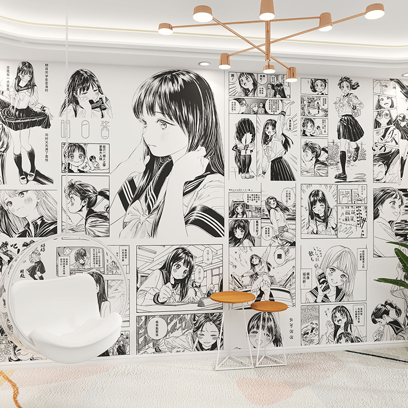 3D卡通动漫明日酱墙纸少女可爱卧室拍照直播背景墙布黑白漫画壁纸