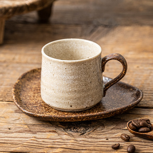 日本进口粉引咖啡杯陶瓷复古手绘杯碟套装杯子红茶杯水杯粗陶带碟