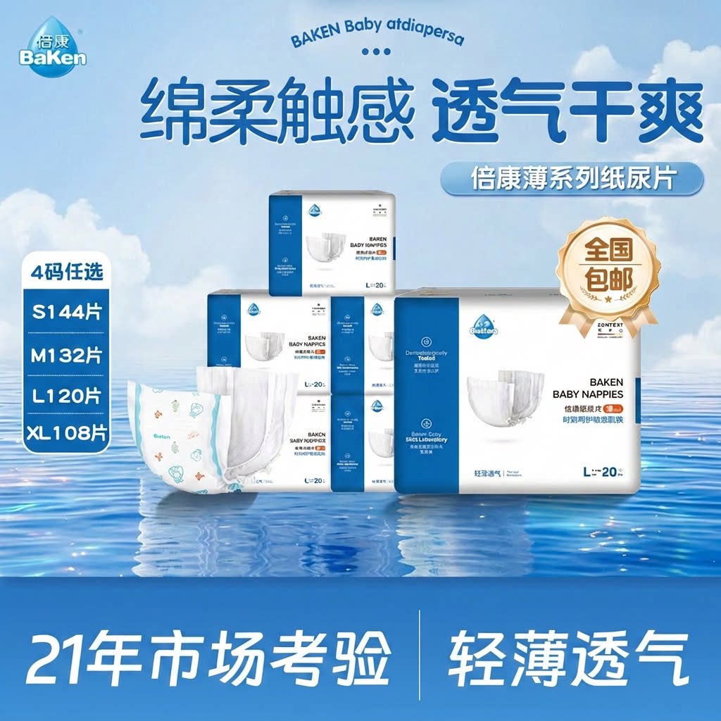 倍康婴儿纸尿片108-144片新生儿超薄透气干爽男女宝宝尿不湿箱装