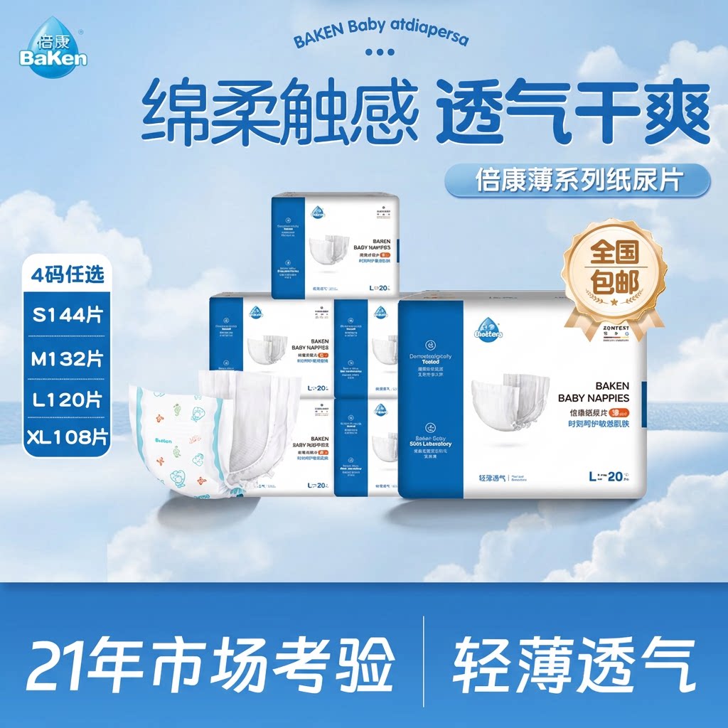 倍康婴儿纸尿片108-144片超薄透气干爽男女宝宝XL码纸尿片尿不湿