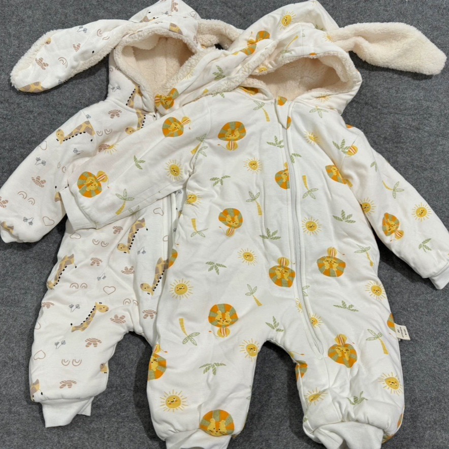 外贸原单秋冬宝宝纯棉加绒加厚羊羔绒连帽爬服哈衣婴儿外出棉服