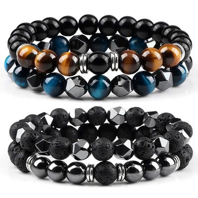 2pcs Irregular Hematite Lava Stone Bracelet Men Fashion 8mm