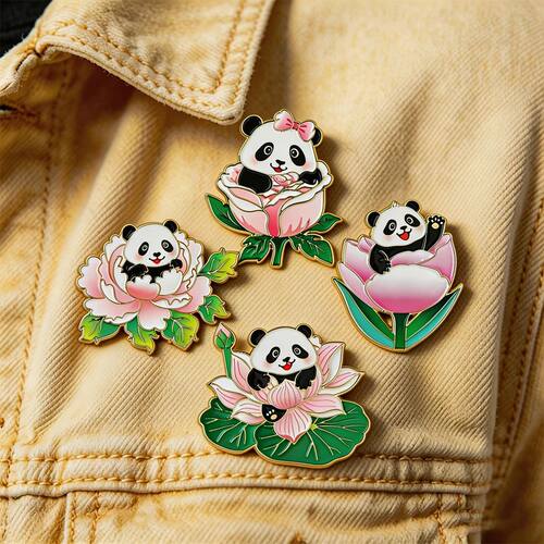 Panda Flower Enamel Pins Peony Lotus Tulip Rose Metal