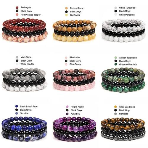3Pcs/Set Natural Stone Bracelet Rose Quartzs Obsidian