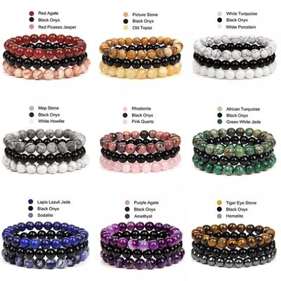 kirykle Natural Stone Bracelet Sets 3Pcs/set Obsidian