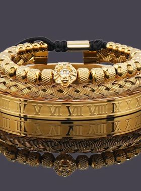 Luxury Lion Head Charm Beaded Man Bracelet Set Roman