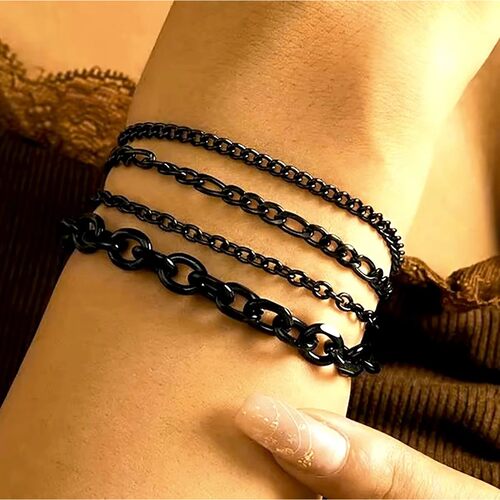 4Pc Black Stack Bracelets For Women Men Stainless Steel