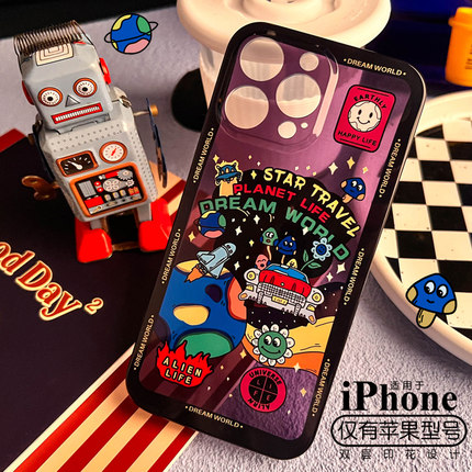 新款15pro快乐星球苹果14promax手机壳iphone13美式怪趣味卡通12全包镜头黑色透明小众原创设计暗夜紫百搭款