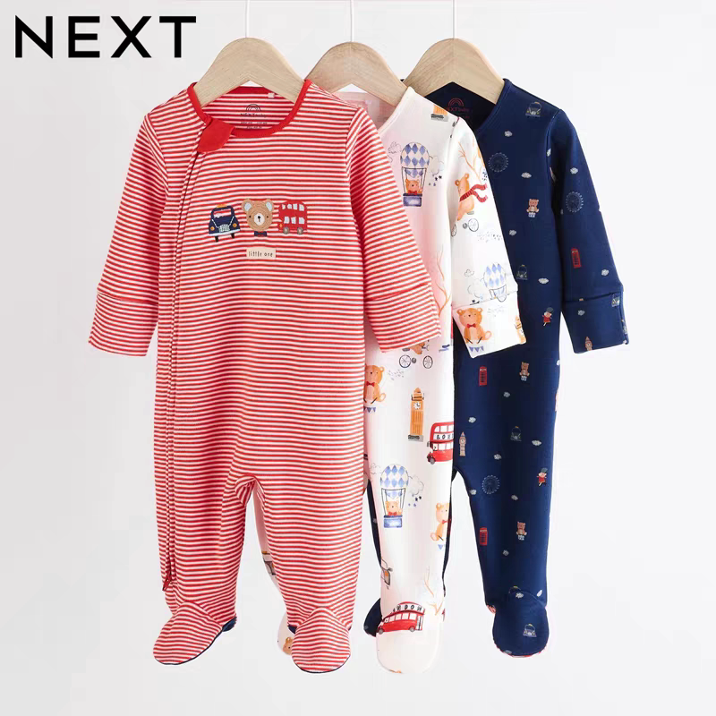 现货英国NEXT新生婴儿宝宝长袖连身睡衣包脚爬服汽车纯棉连体哈衣