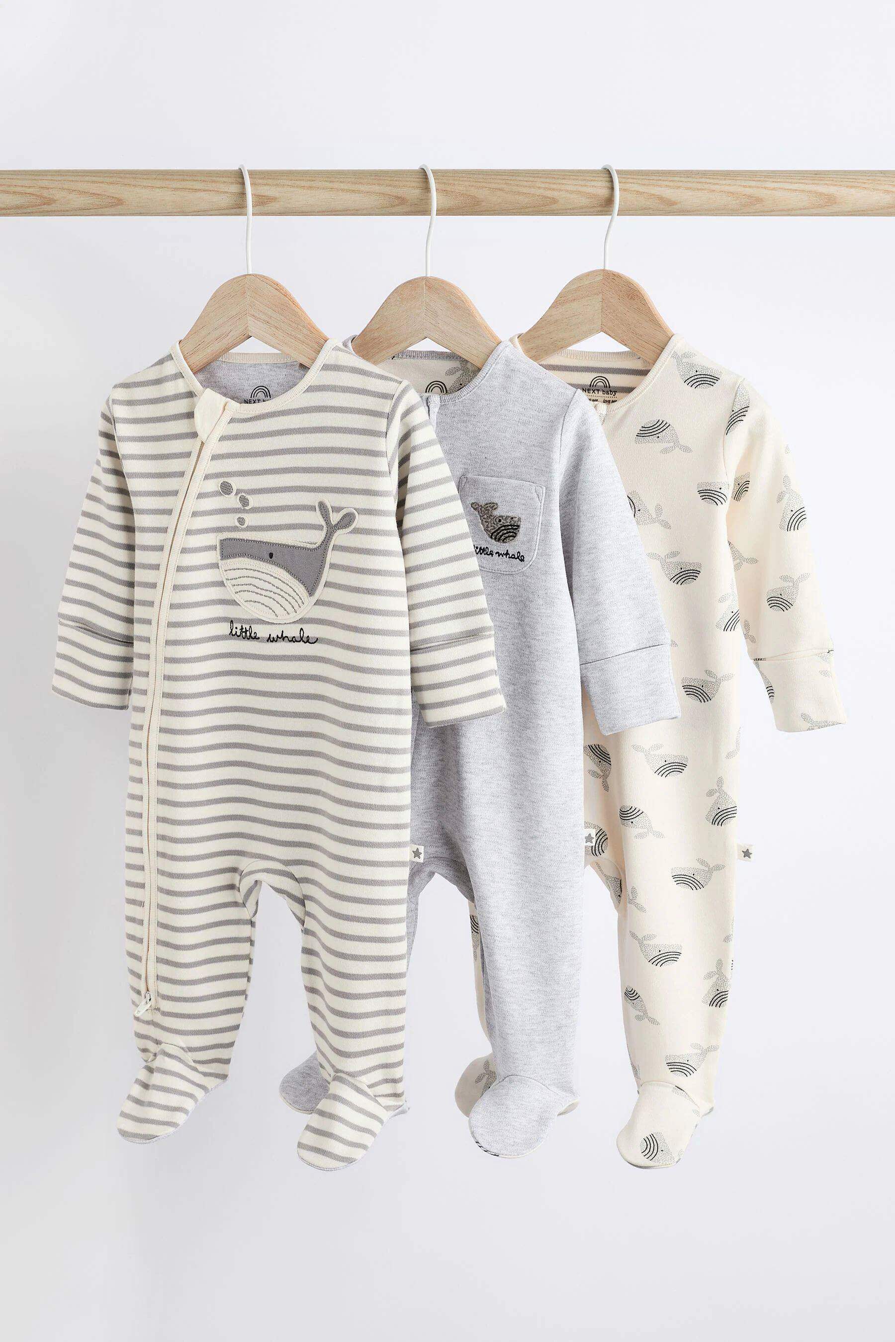 现货英国NEXT新生婴儿男宝宝鲸鱼拉链a类纯棉长袖连体衣爬服3件